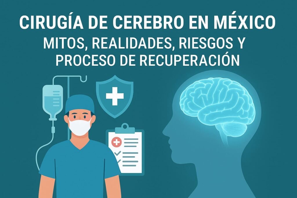 Ilustración de neurocirugía en México con cerebro iluminado, equipo médico y enfoque en mitos y recuperación