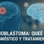 Ilustración médica de un cerebro con tumor resaltado representando el tratamiento del glioblastoma con tecnología avanzada