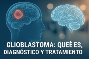 Ilustración médica de un cerebro con tumor resaltado representando el tratamiento del glioblastoma con tecnología avanzada
