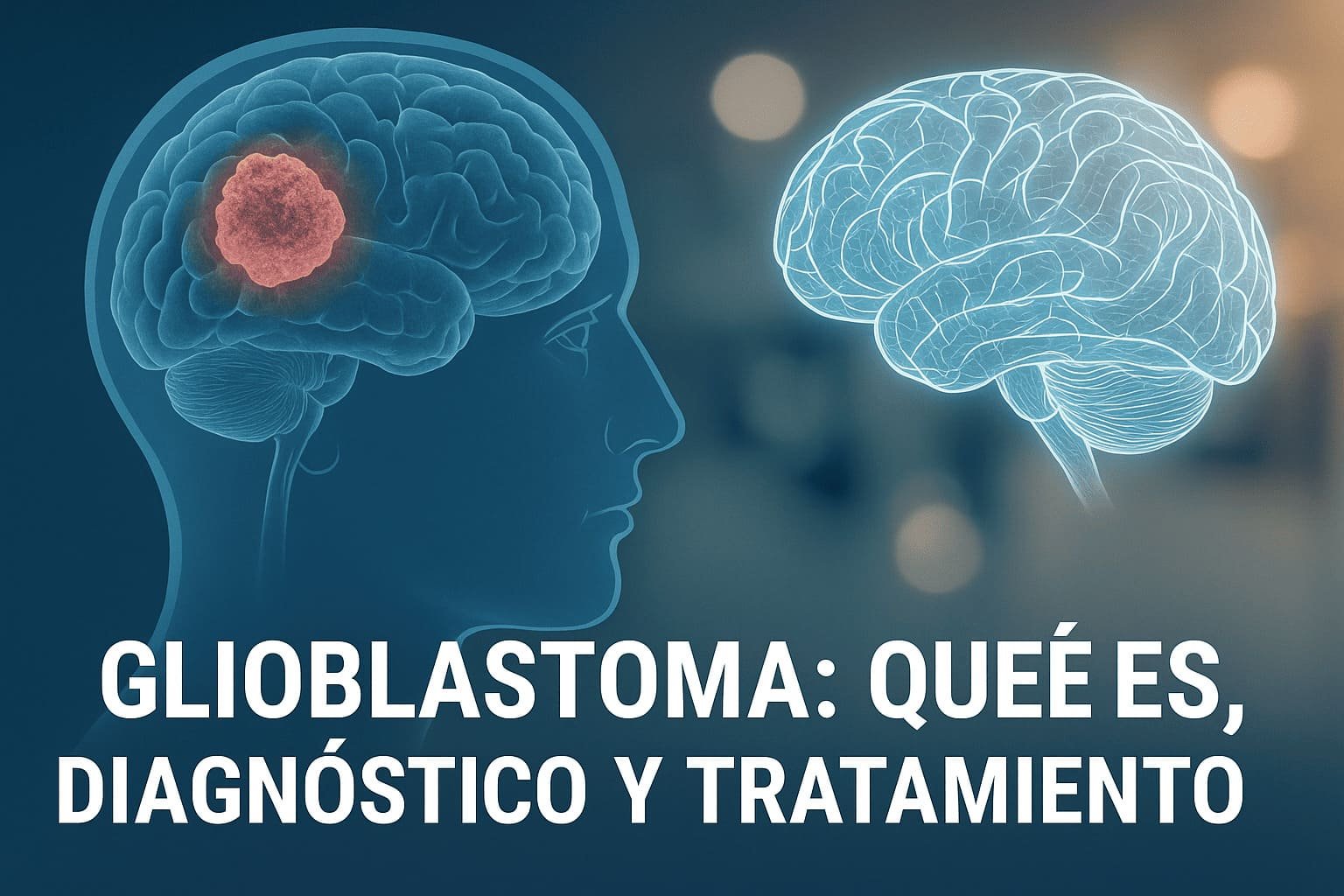 Ilustración médica de un cerebro con tumor resaltado representando el tratamiento del glioblastoma con tecnología avanzada
