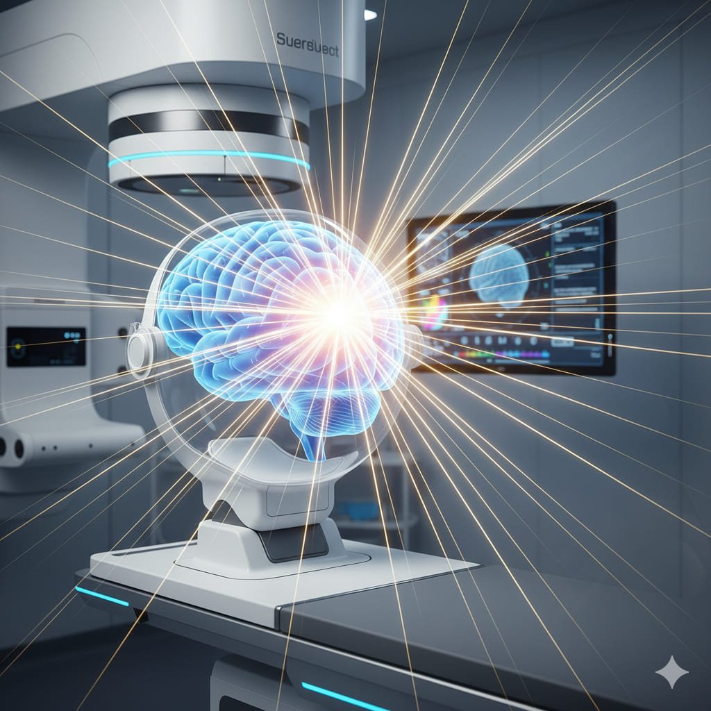 Diagrama 3D de un cerebro humano recibiendo tratamiento de radiocirugía estereotáctica con haces de energía focalizada, representando una guía completa de radiocirugía para pacientes.