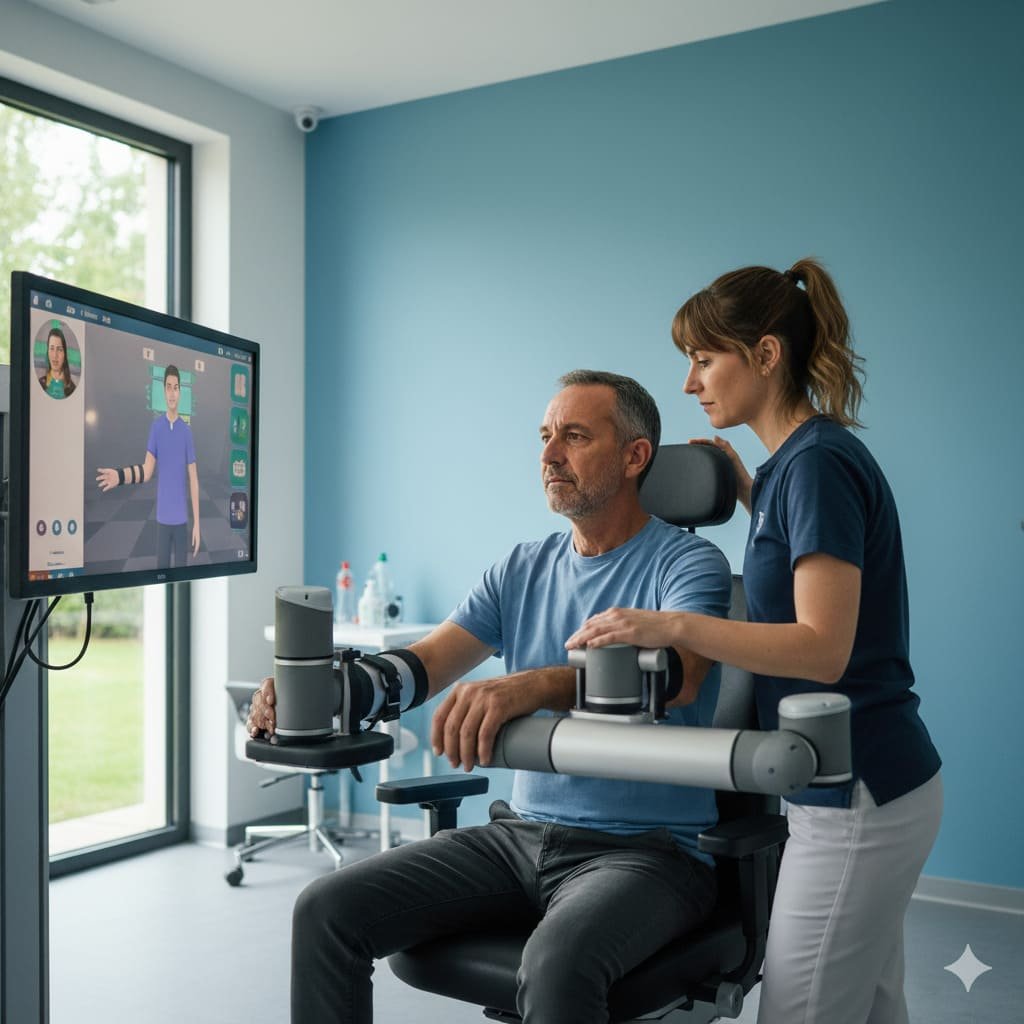 Paciente haciendo ejercicios de rehabilitación motora guiada