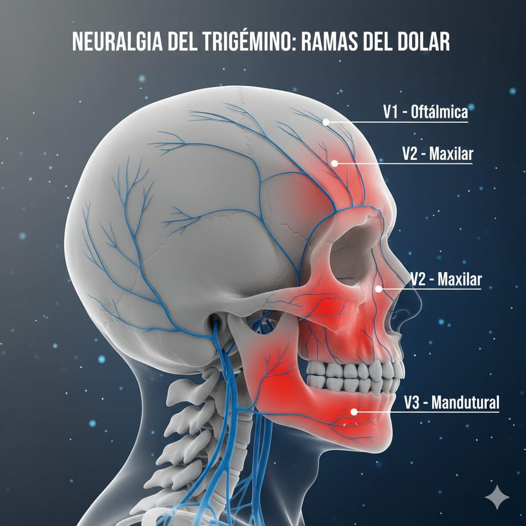 Ilustración de las ramas del nervio trigémino en el rostro humano