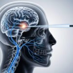 Ilustración médica de un haz de radiocirugía de precisión apuntando al nervio trigémino en el cráneo para tratar la neuralgia del trigémino sin cirugía