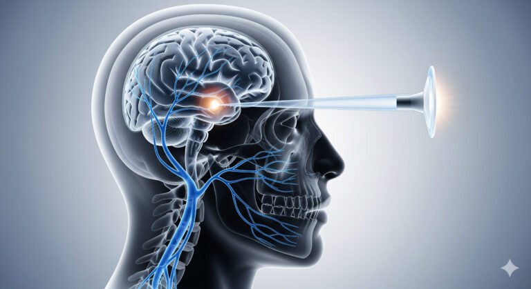 Ilustración médica de un haz de radiocirugía de precisión apuntando al nervio trigémino en el cráneo para tratar la neuralgia del trigémino sin cirugía