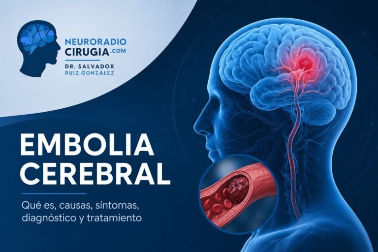 Imagen médica sobre embolia cerebral, síntomas, tratamiento y recuperación tras un EVC.