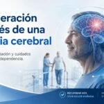 Imagen médica sobre la recuperación después de una embolia cerebral, con representación del cerebro, rehabilitación neurológica, movilidad, lenguaje y cuidados posteriores.