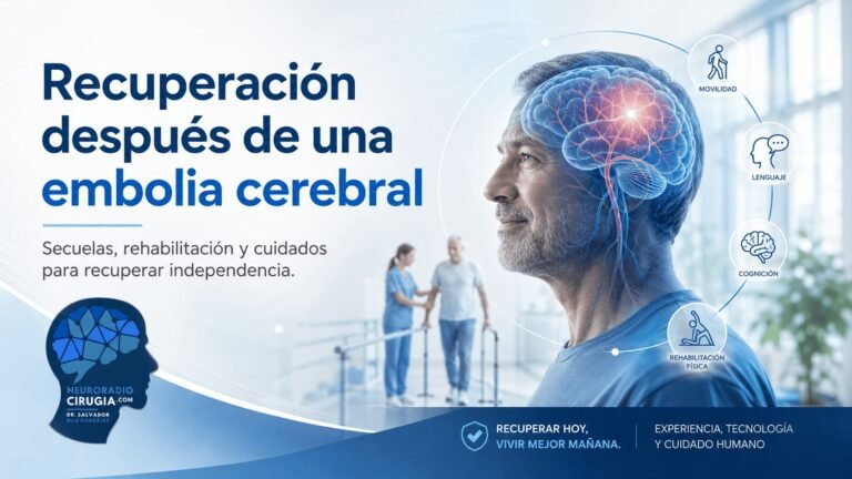 Imagen médica sobre la recuperación después de una embolia cerebral, con representación del cerebro, rehabilitación neurológica, movilidad, lenguaje y cuidados posteriores.