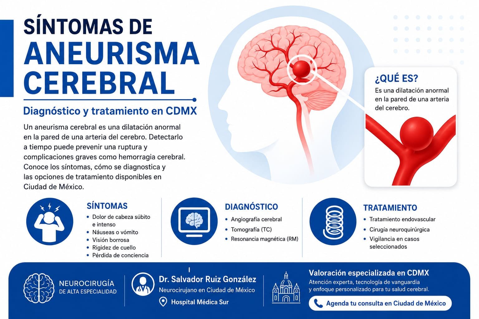 síntomas de aneurisma cerebral, diagnóstico y tratamiento en CDMX