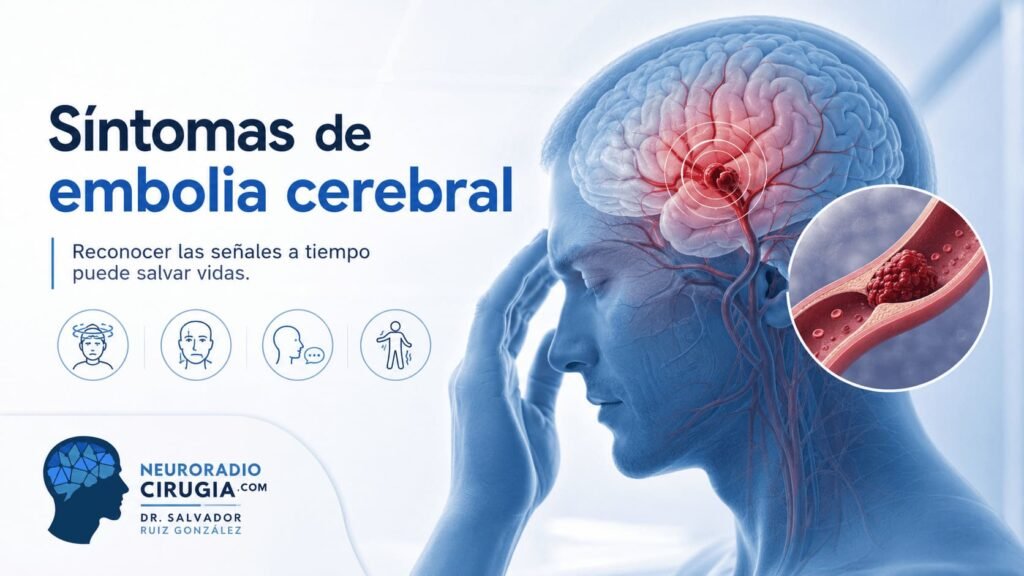 Imagen médica sobre los síntomas de embolia cerebral, con representación del cerebro, obstrucción vascular y señales de alerta neurológica.