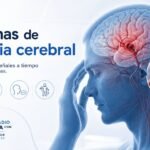 Imagen médica sobre los síntomas de embolia cerebral, con representación del cerebro, obstrucción vascular y señales de alerta neurológica.