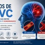 Infografía médica sobre tipos de EVC, isquémico y hemorrágico, por el Dr. Salvador Ruiz González.